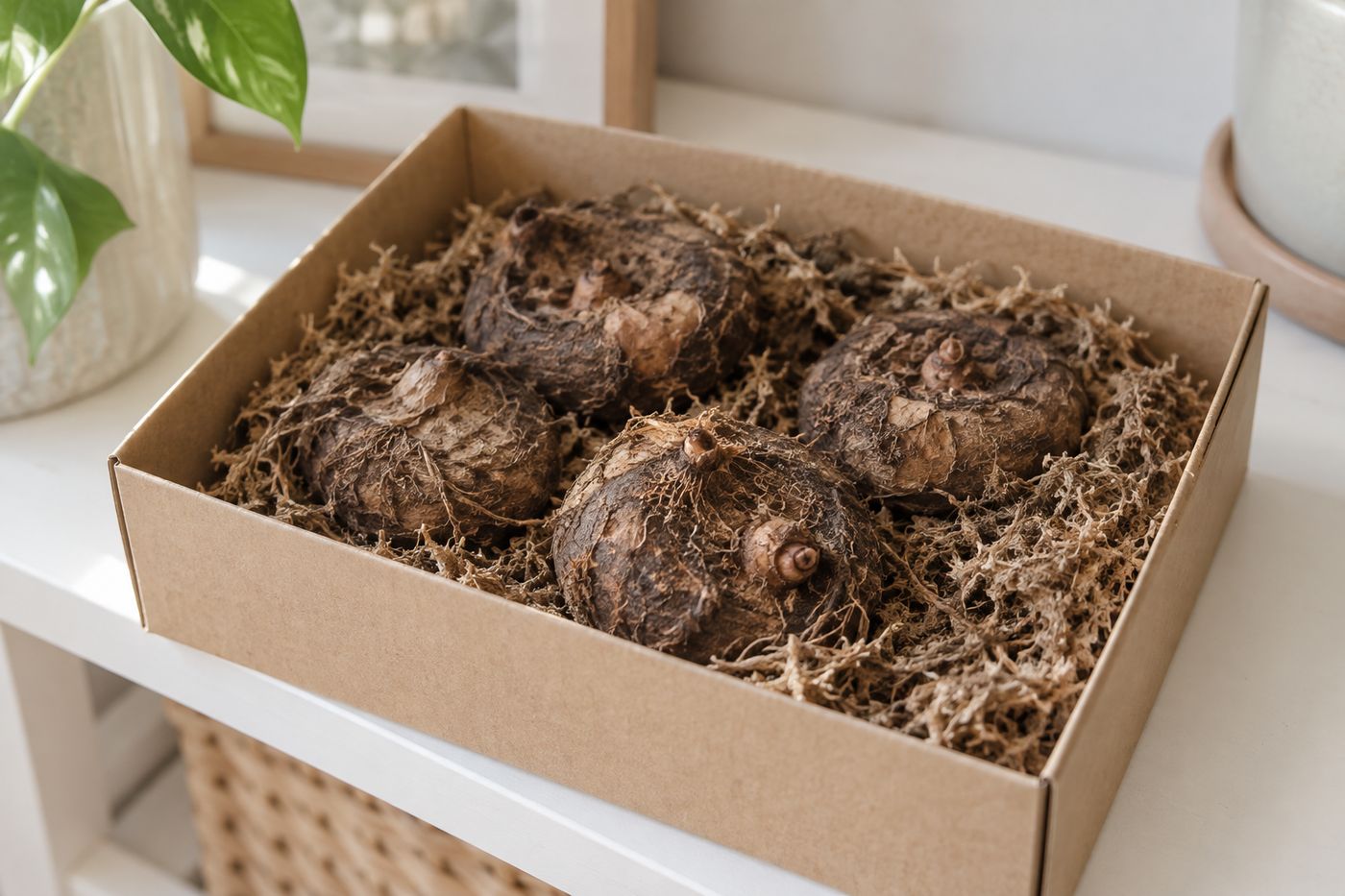 Begonia tubers stored for winter in a box of peat
