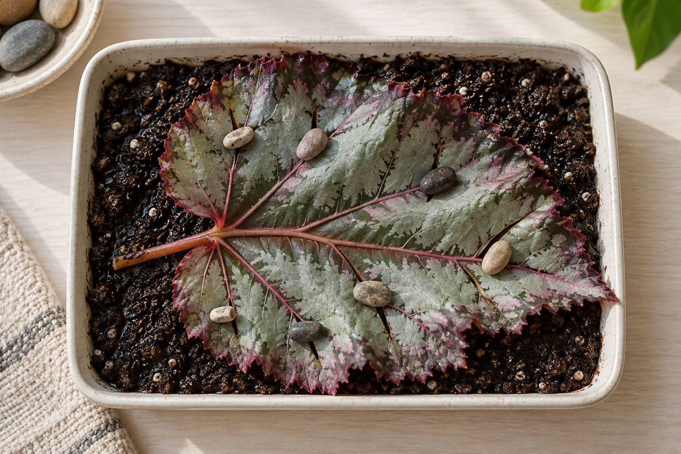 Begonia leaf propagation: a leaf with cut veins lying on moist potting mix