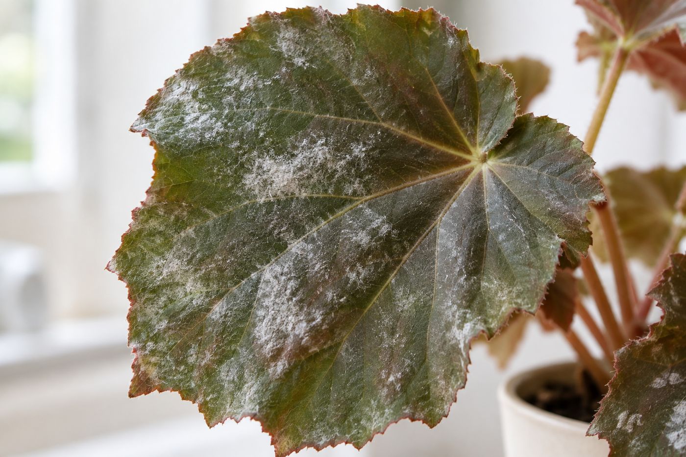 White powdery mildew coating on a begonia leaf