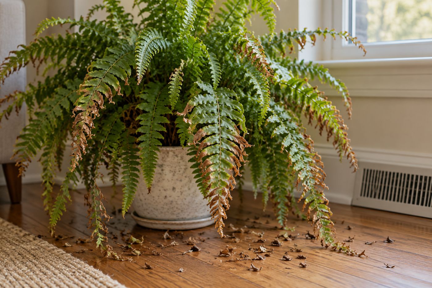 Boston fern fronds with crispy brown leaflets and shed leaflets on the floor beneath