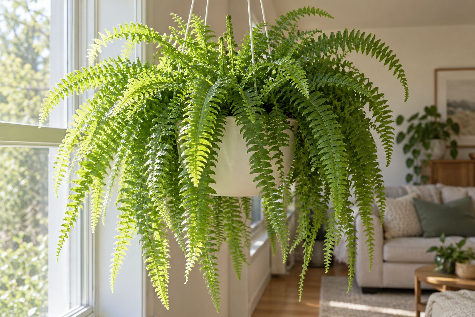 Full Boston fern with arching bright green fronds in a hanging pot near a bright window