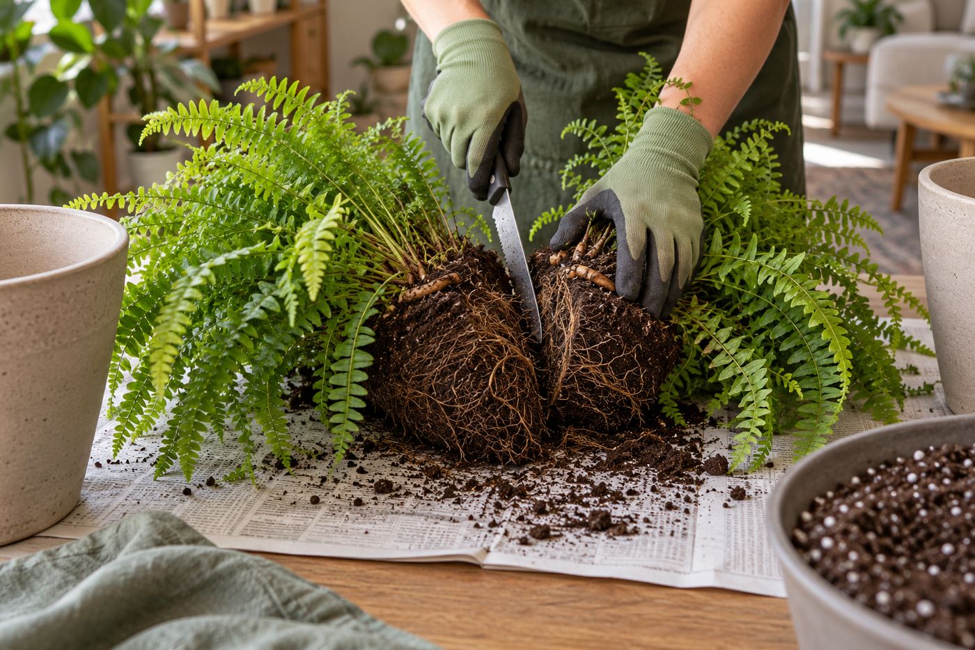 Boston fern root ball cut vertically into sections for division