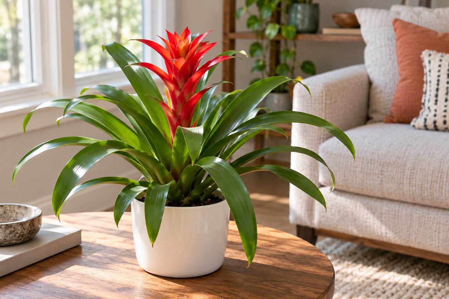 Guzmania bromeliad with a red star-shaped bract in a white pot on a sunny side table