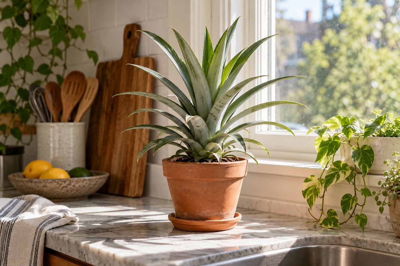 Rooted pineapple top growing in a terracotta pot on a windowsill