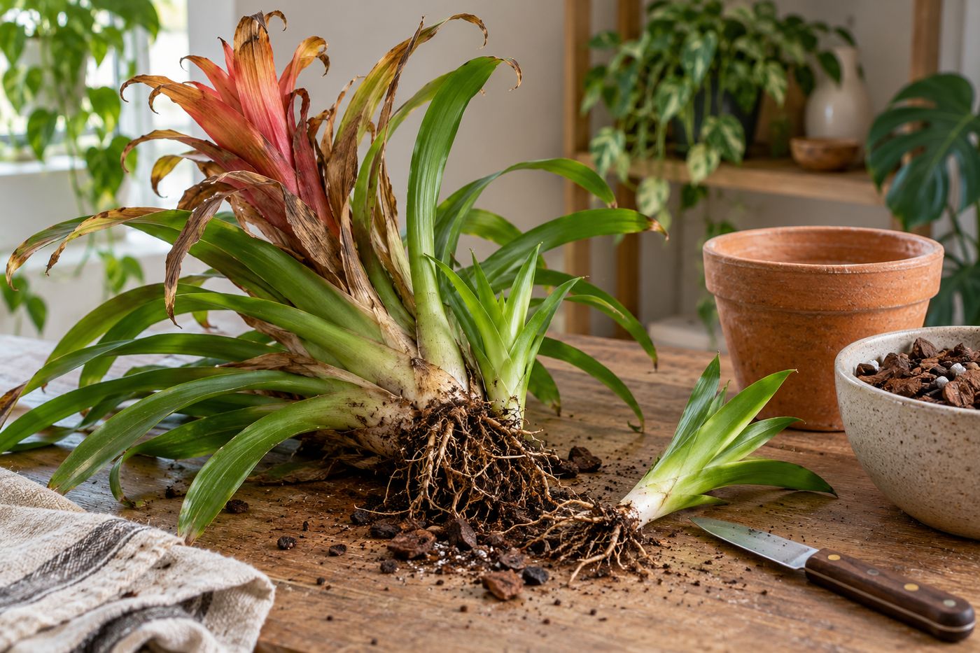 Bromeliad pup being cut from the base of a faded mother plant