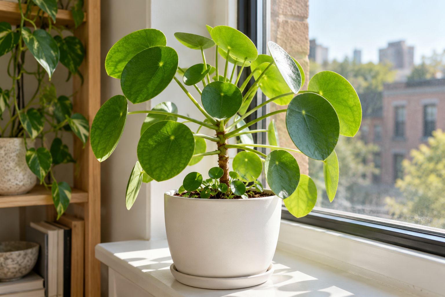 Chinese money plant with round coin-shaped leaves on long petioles in a white pot on a bright windowsill