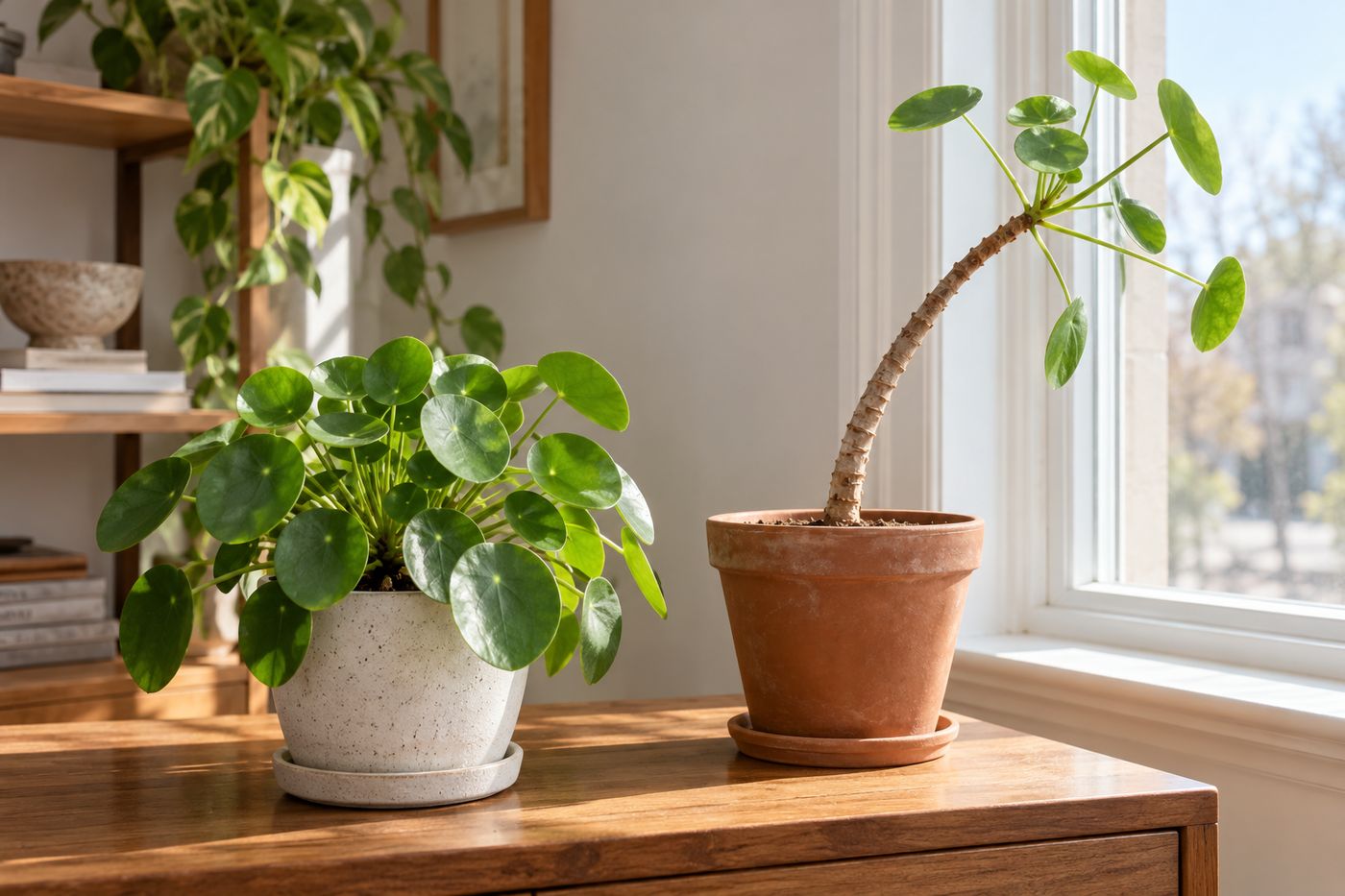 Leggy Chinese money plant leaning toward a window with a long bare stem and small leaves