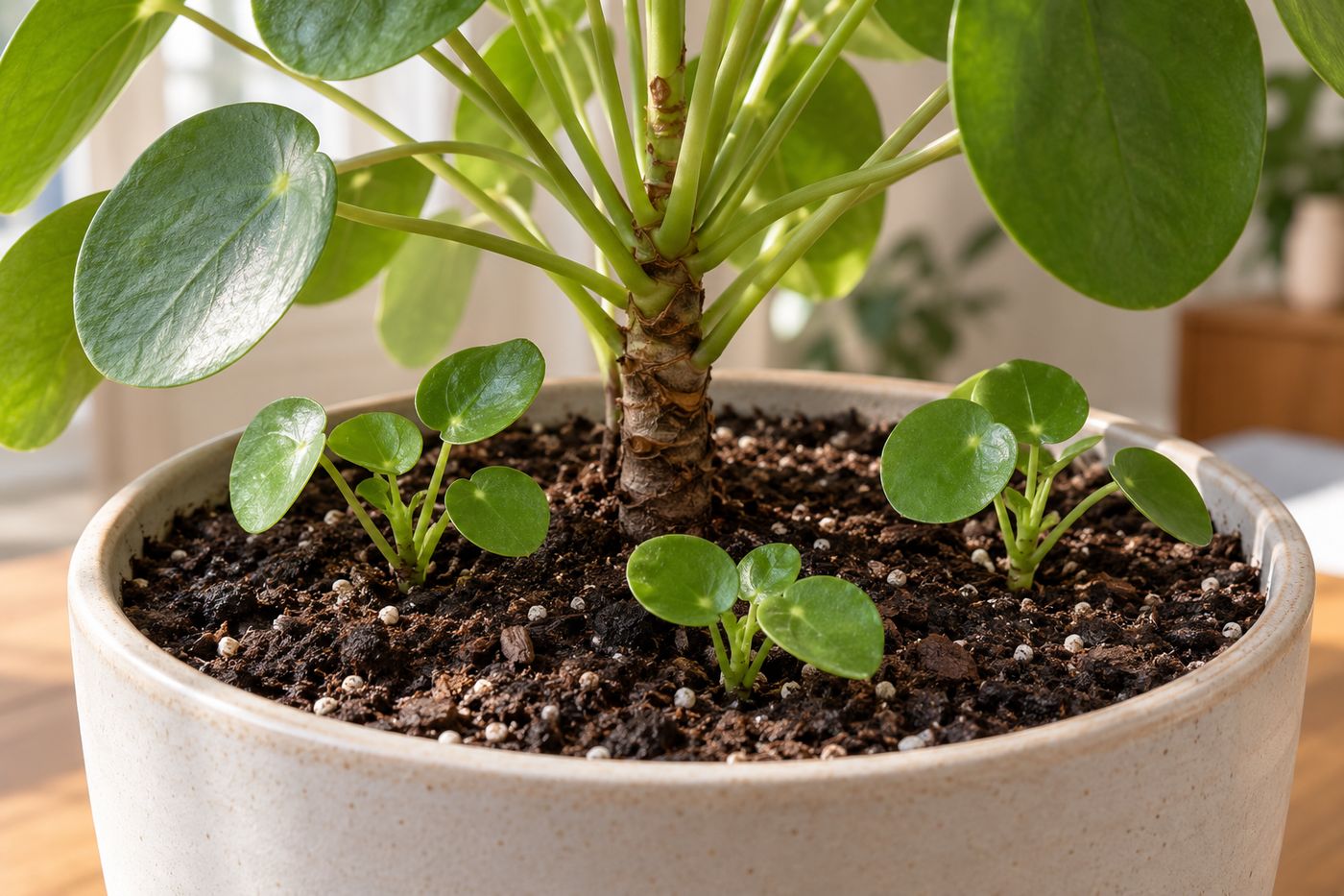 Pilea pups emerging from the soil next to the mother plant's stem