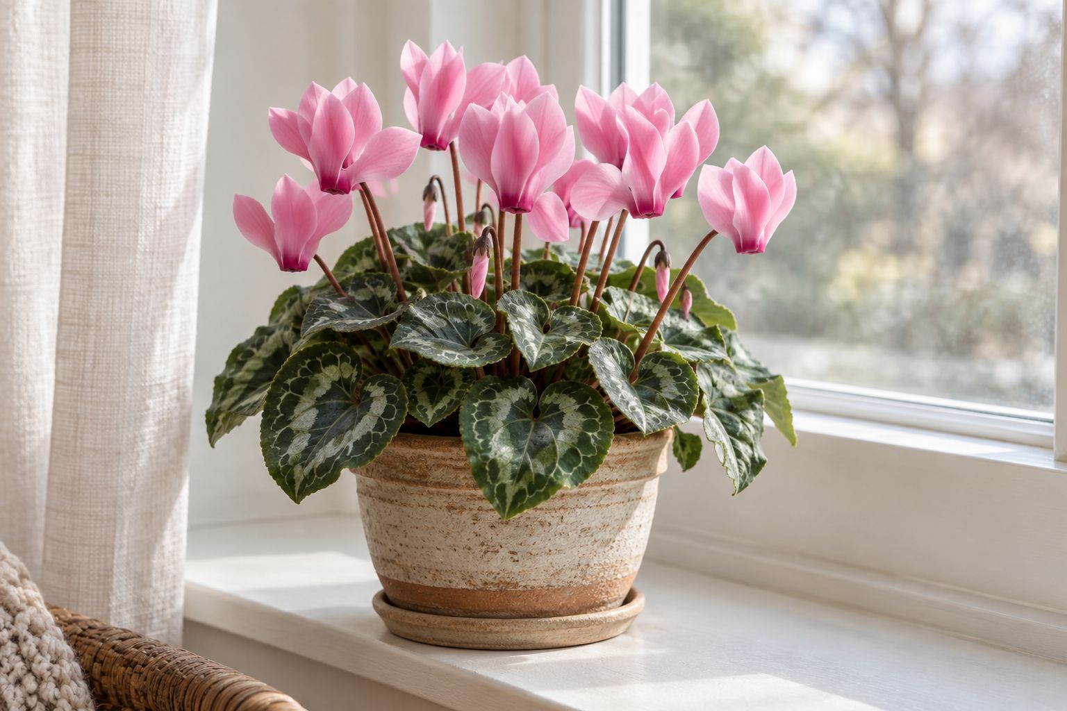 Blooming cyclamen with pink flowers above patterned leaves on a cool windowsill