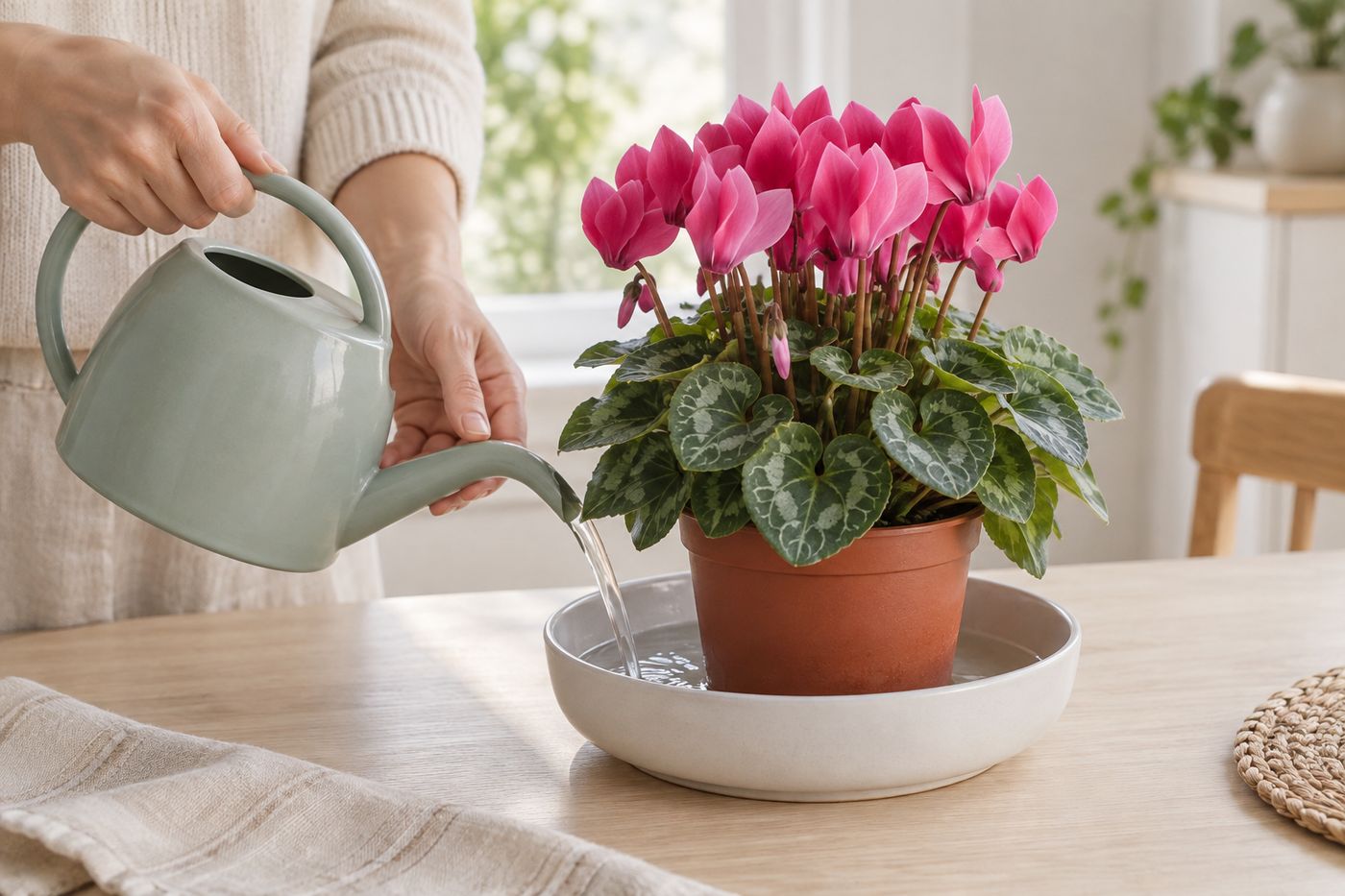 Watering cyclamen from below in a saucer of water
