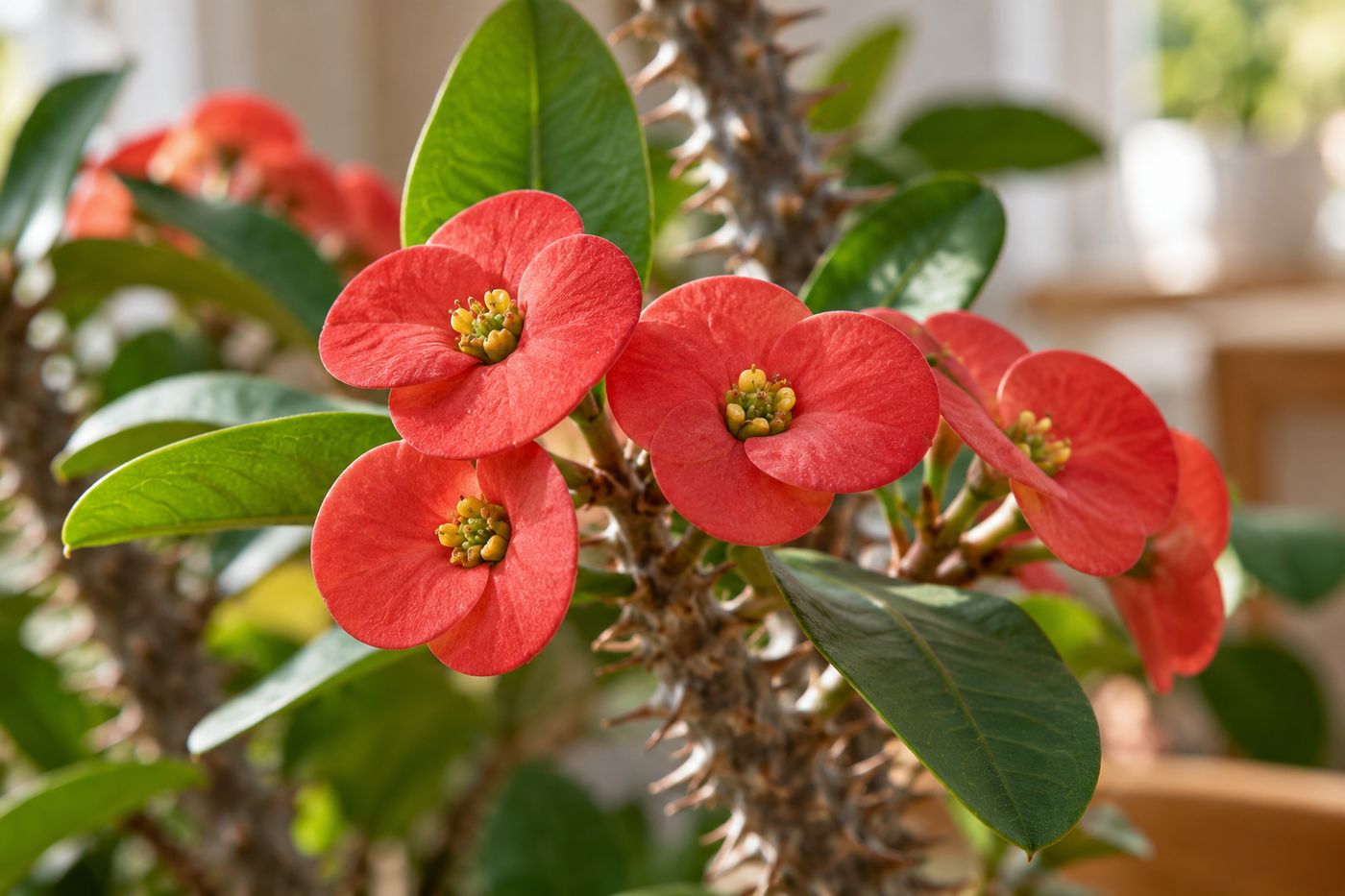 Close-up of paired red crown of thorns bracts with tiny yellow true flowers in the center