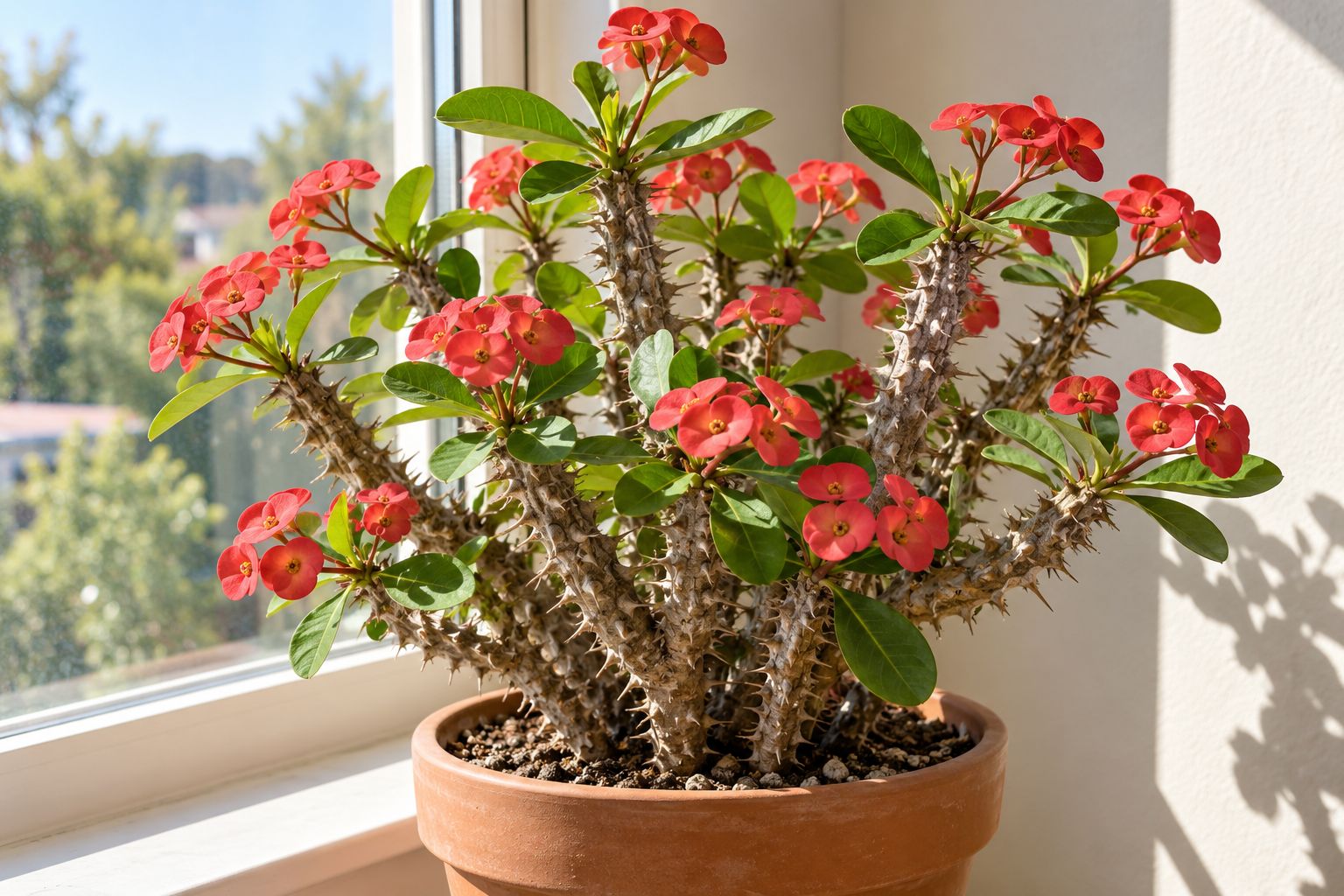 Crown of thorns plant with spiny gray stems, small green leaves and red flower bracts in a terracotta pot in a sunny window