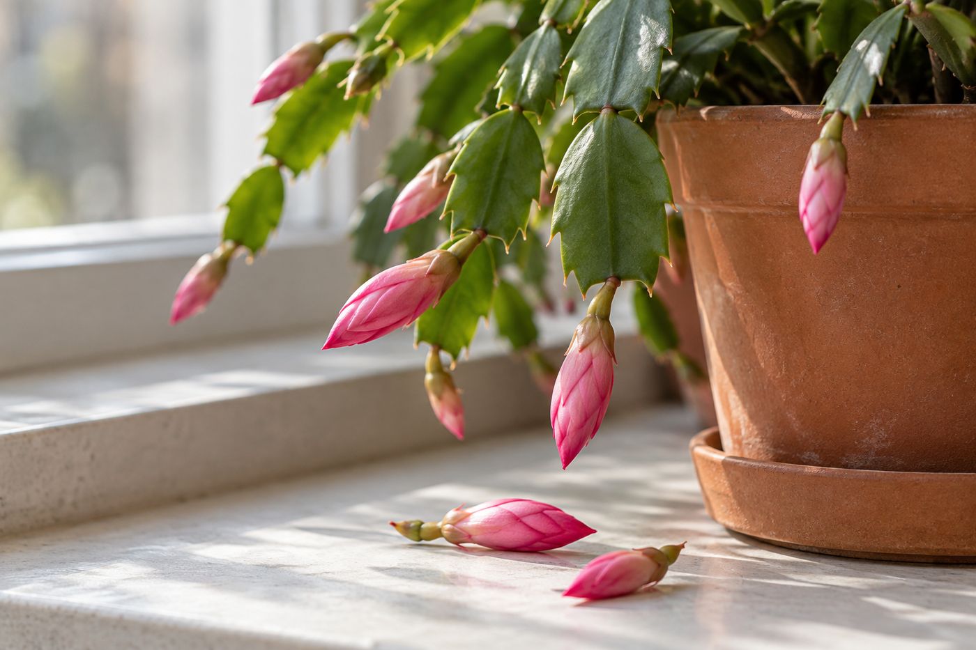 Dropped Christmas cactus buds on a windowsill next to the pot