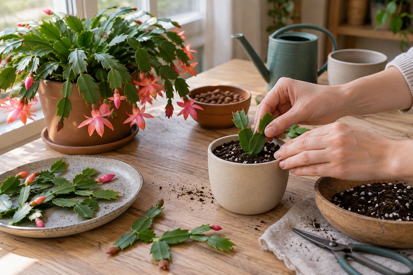 Three-segment Christmas cactus cuttings planted in a small pot