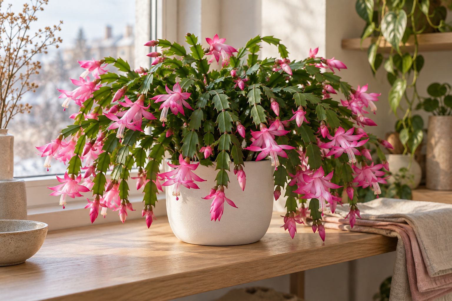 Blooming Christmas cactus with pink flowers at the tips of arching flat stems in a white pot