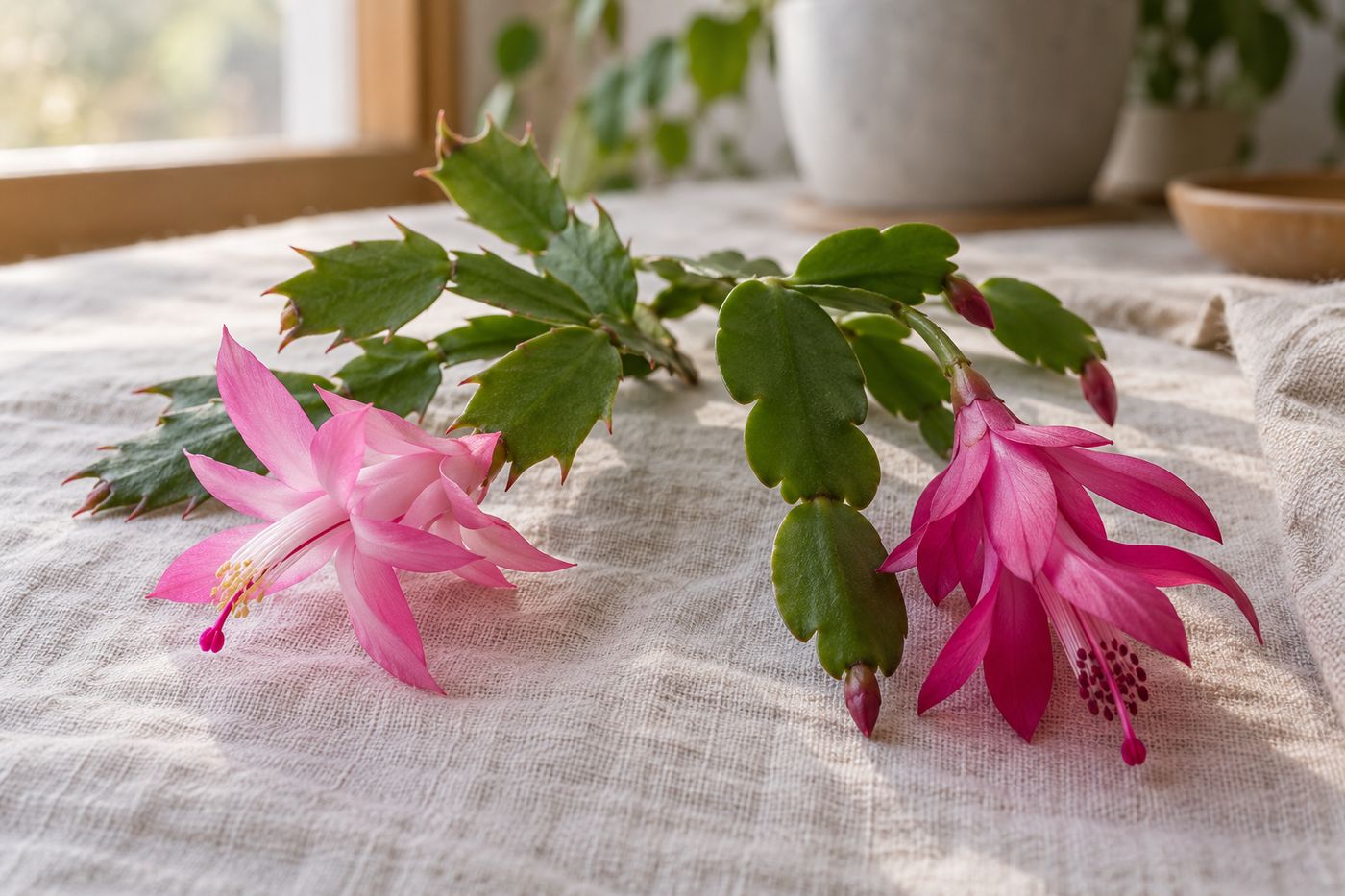 Thanksgiving cactus segments with pointed teeth beside Christmas cactus segments with rounded edges