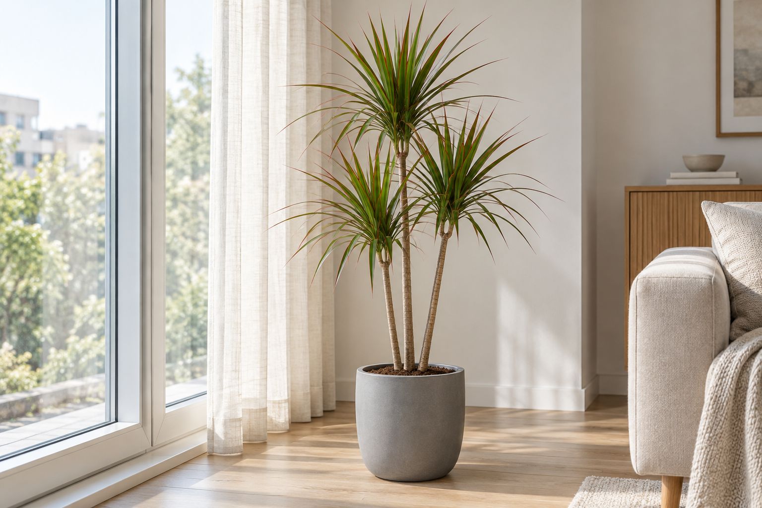Dracaena marginata with three canes and narrow red-edged leaves in a pot by a window