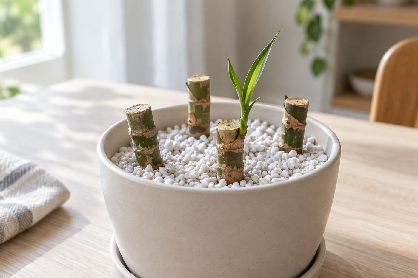 Sections of dracaena cane rooting in a pot