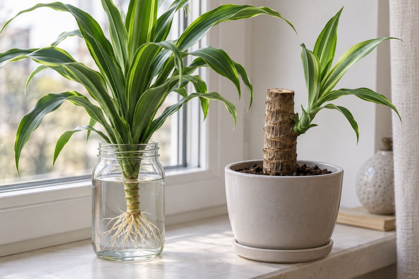 Dracaena top cutting rooting in a jar of water