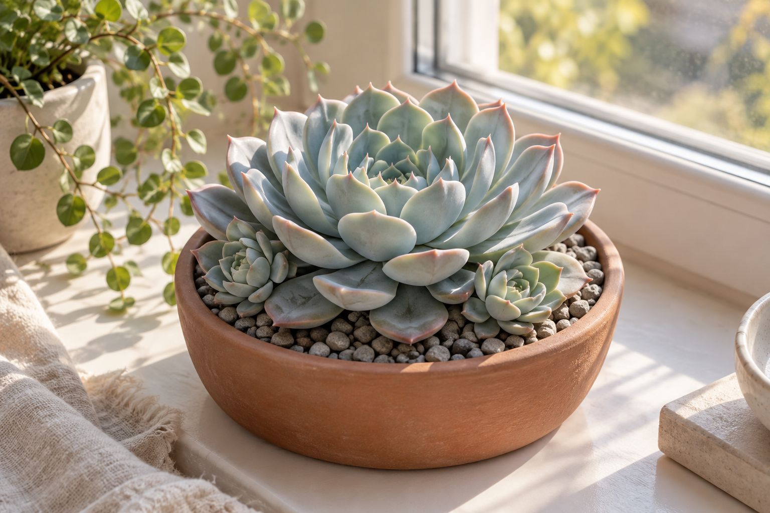 Blue-gray echeveria rosette in a low pot on a sunny windowsill