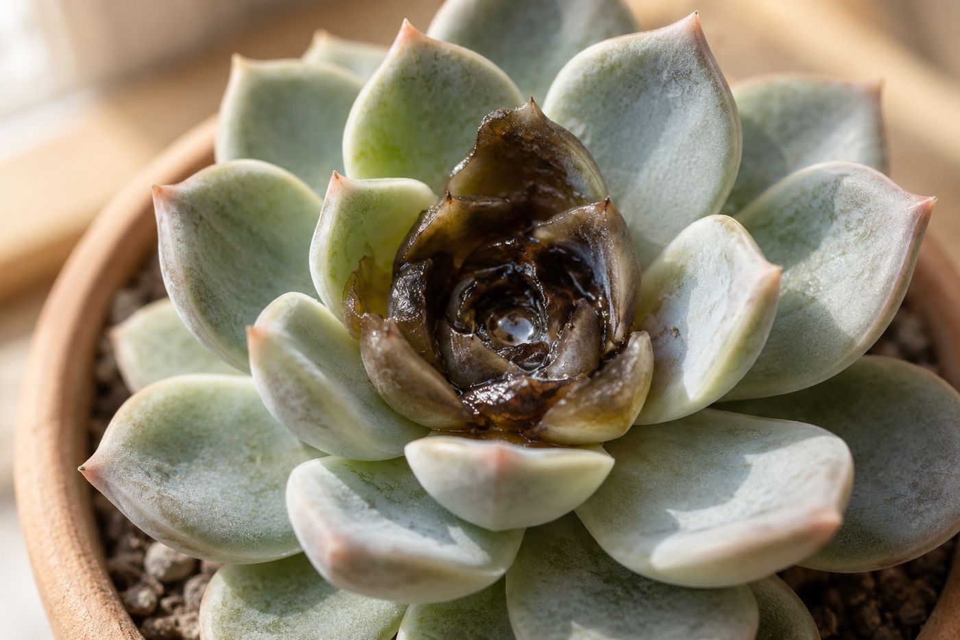 Echeveria with a blackened, mushy rosette center