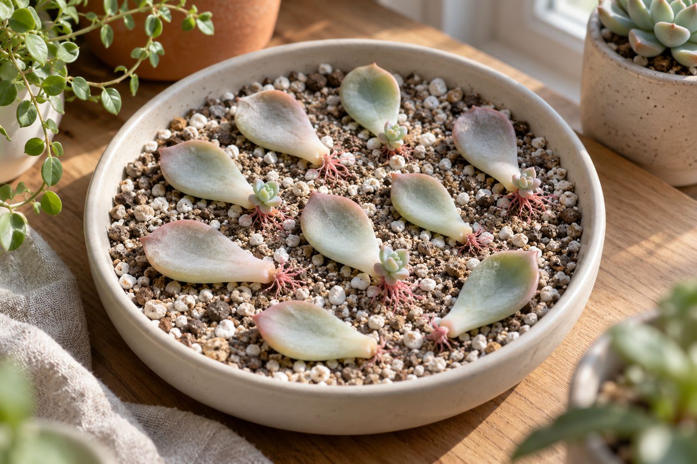 Echeveria leaves on dry mix with roots and baby rosettes