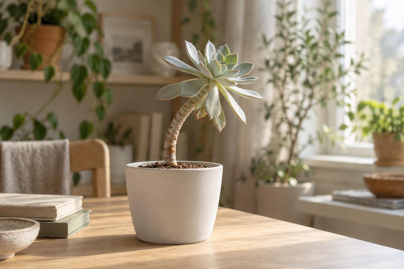 Stretched echeveria leaning toward the window on a long bare stem