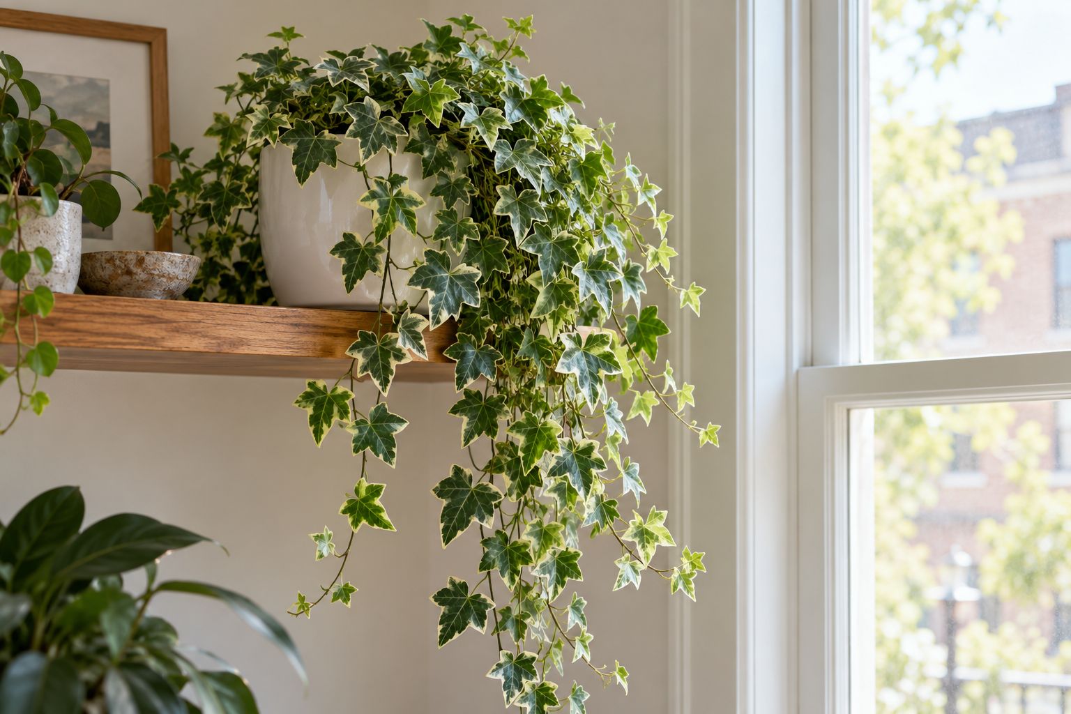 Variegated English ivy trailing from a white hanging pot near a bright window