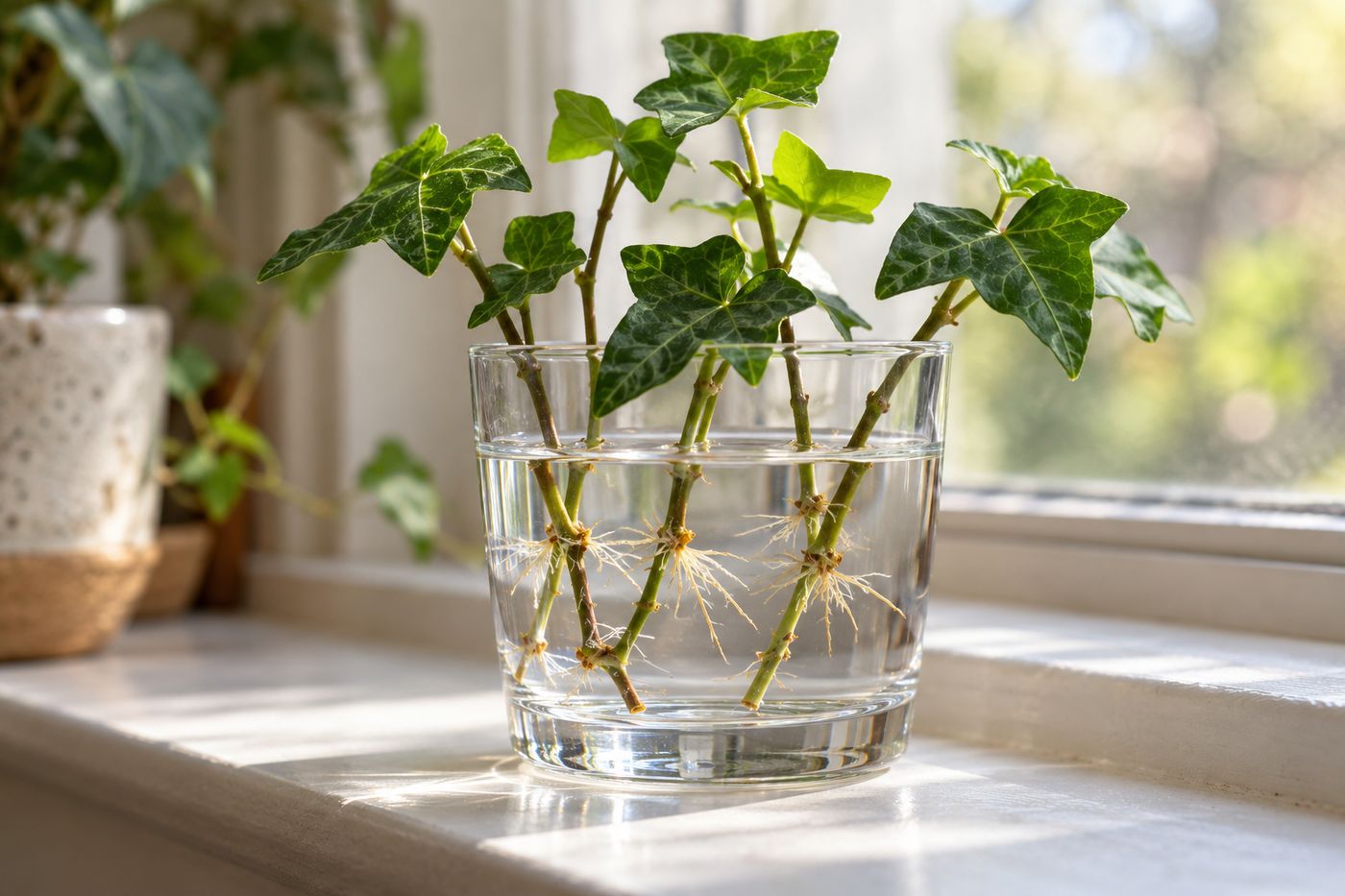 English ivy cuttings rooting in a glass of water with fine white roots at the nodes