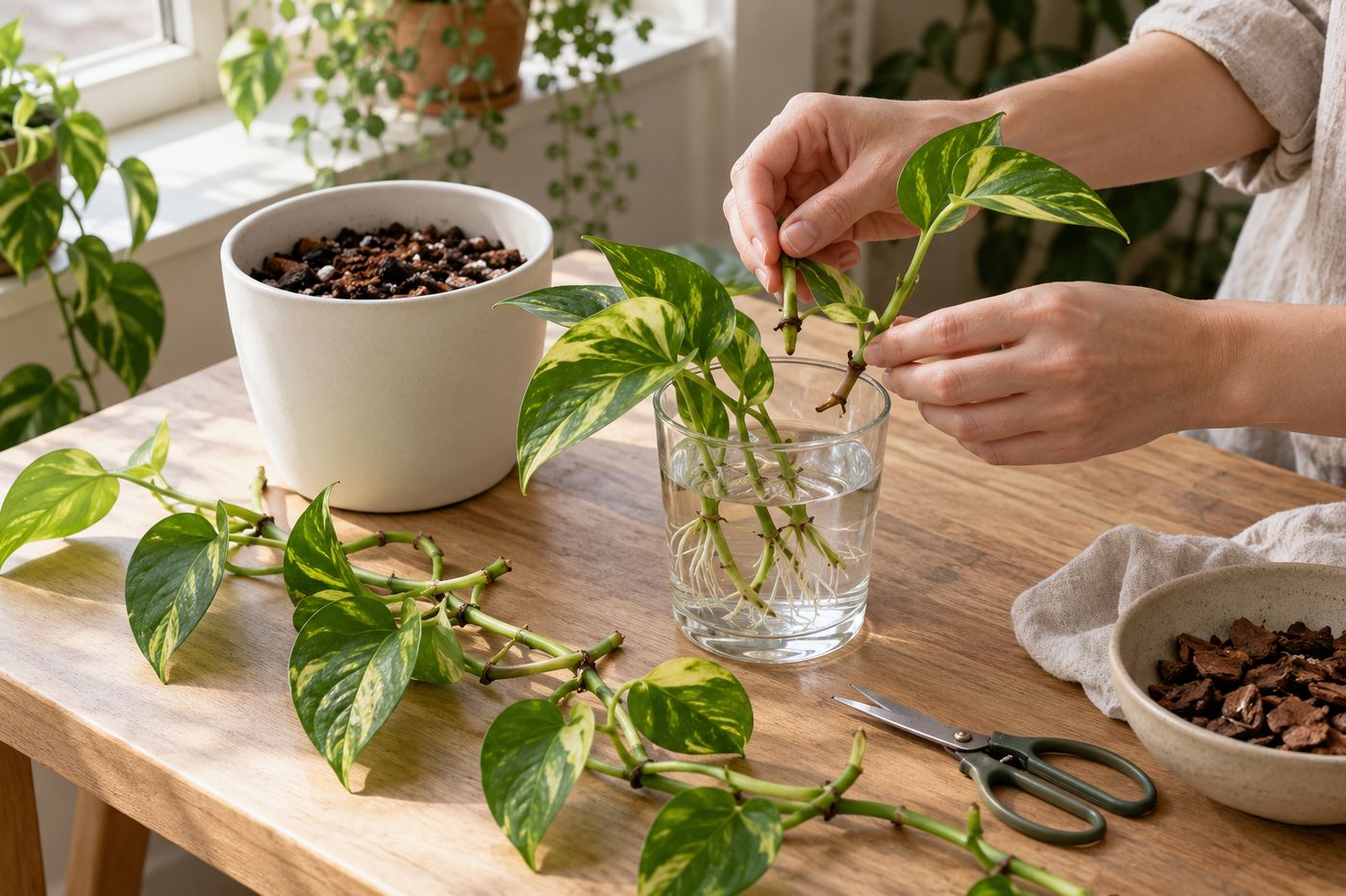 Pothos cuttings with aerial roots in a glass of water