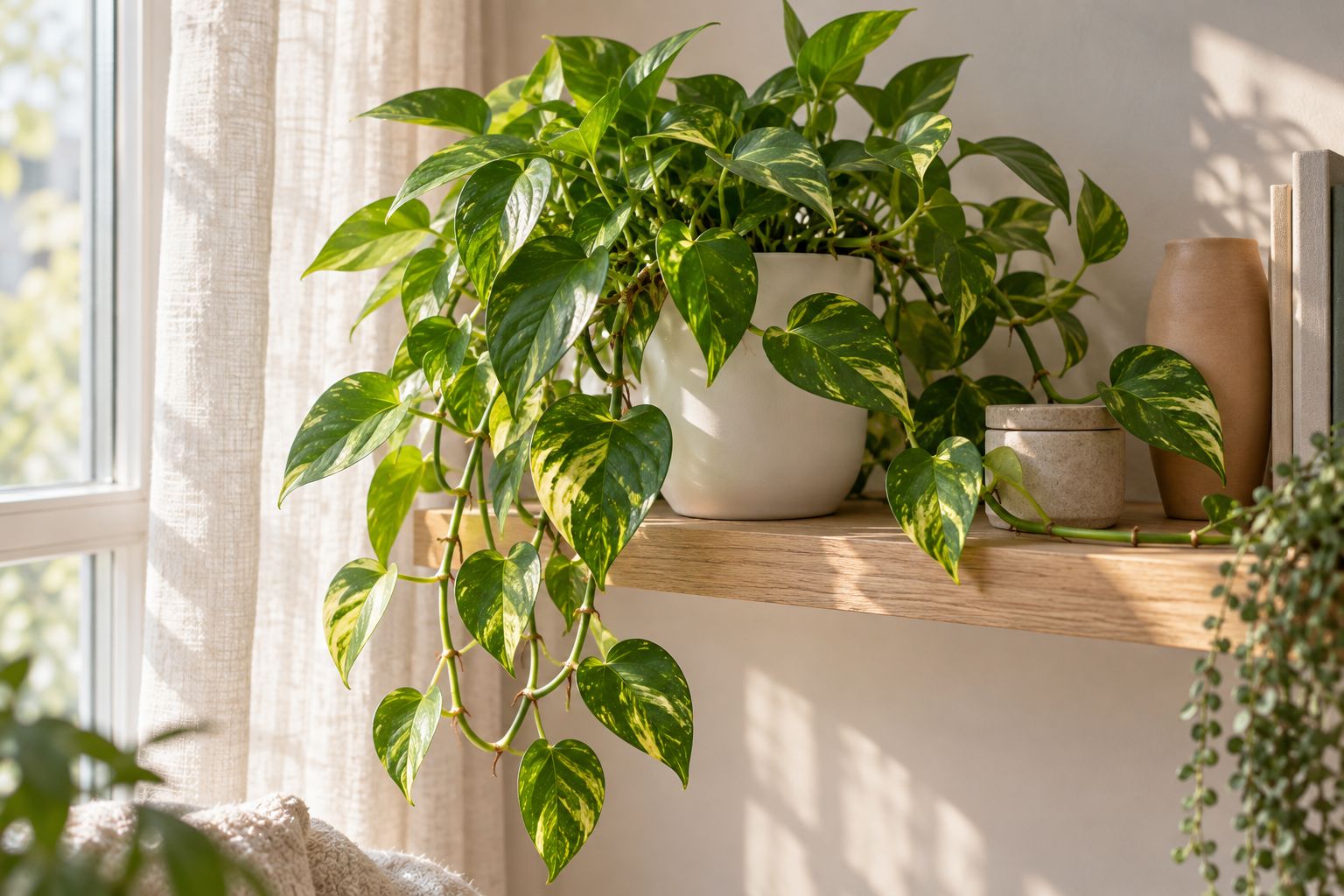 Golden pothos with long trailing vines on a light shelf near a window