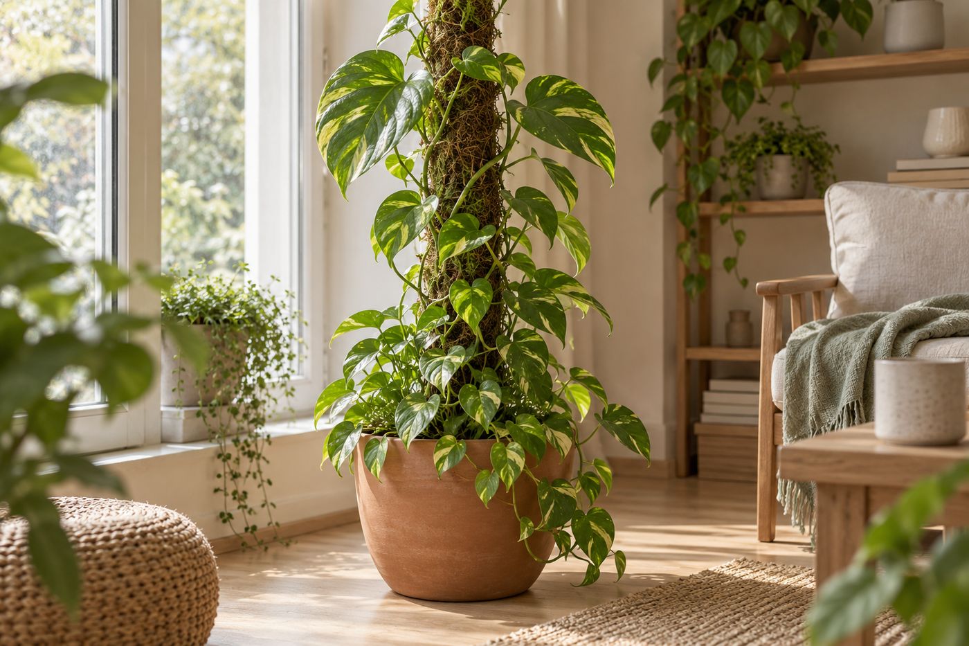 Pothos climbing a moss pole with aerial roots attached and larger leaves