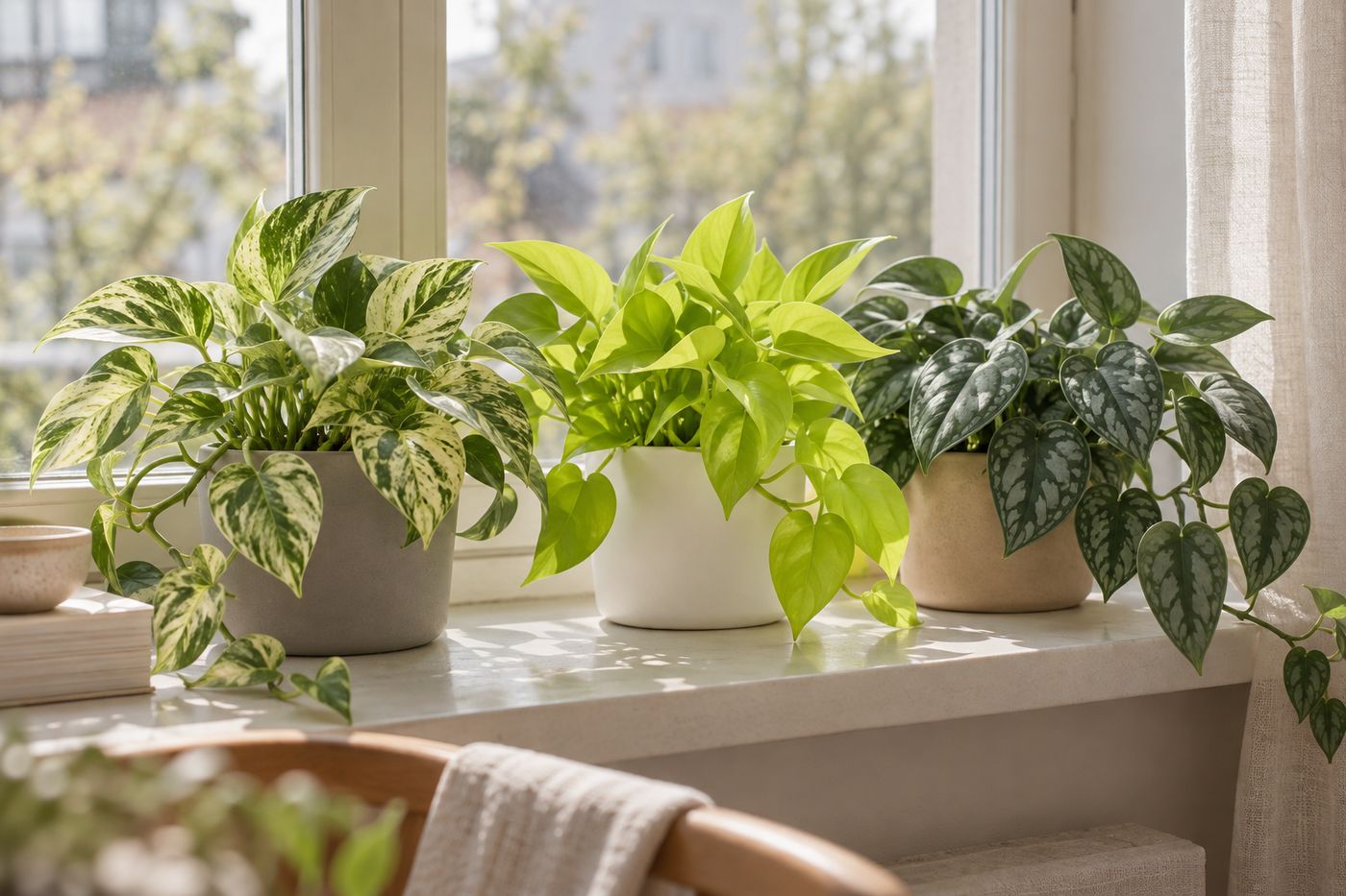 Pothos varieties and satin pothos in three pots side by side