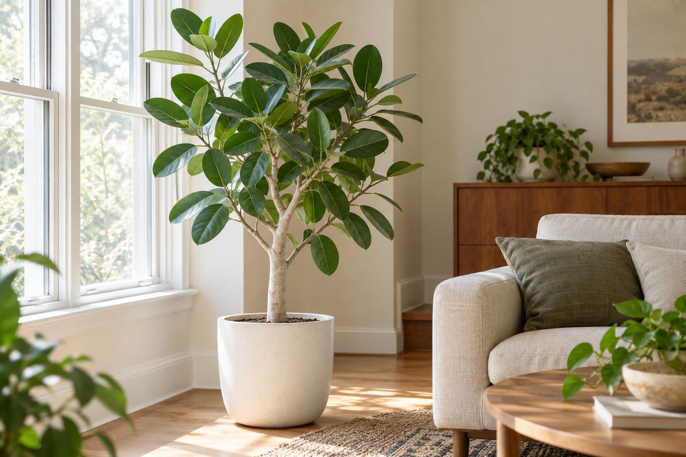 Ficus Audrey with velvety oval leaves and pale veins on a light trunk