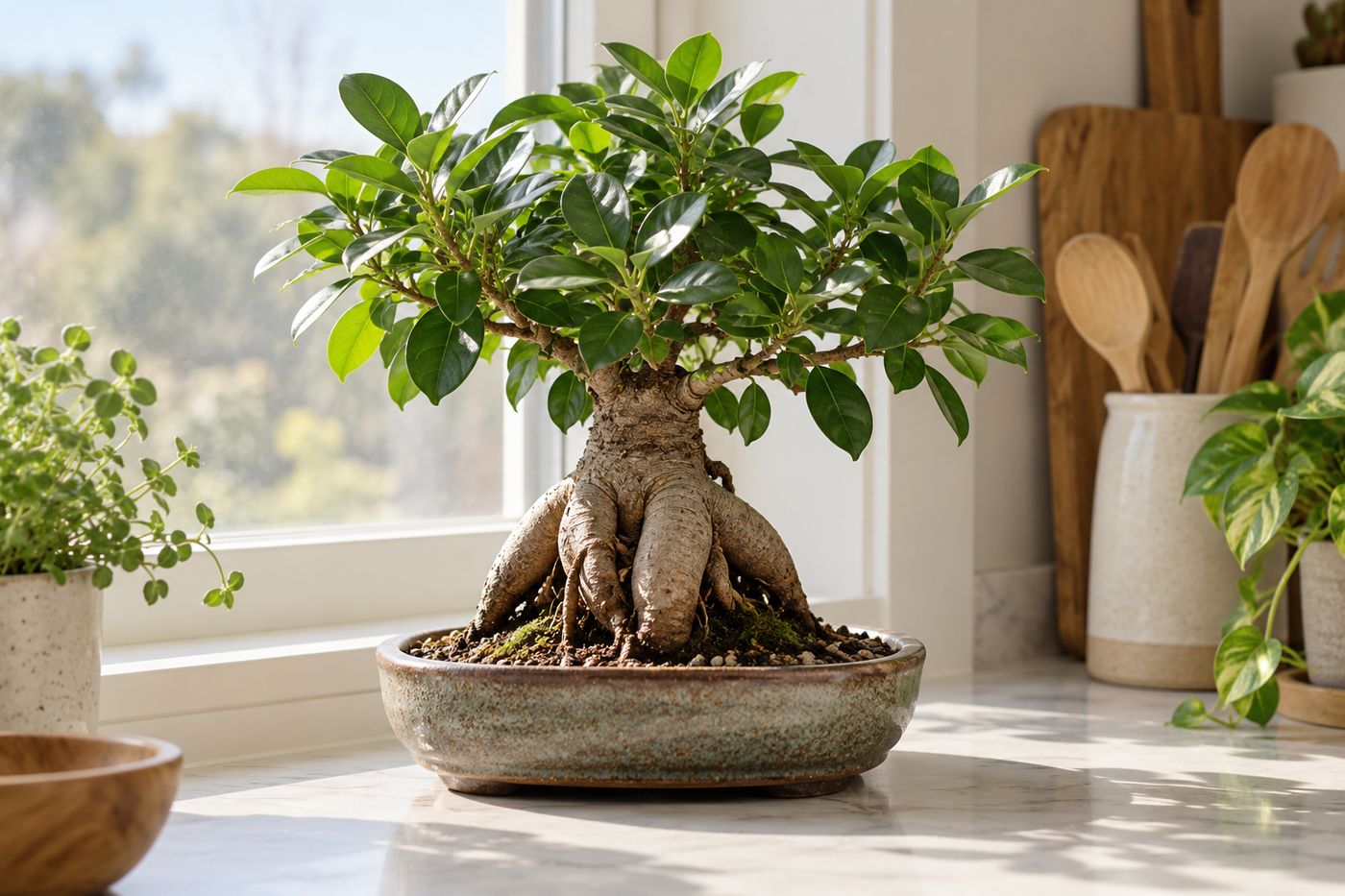 Ginseng ficus with a swollen root base and a small leafy crown in a shallow pot
