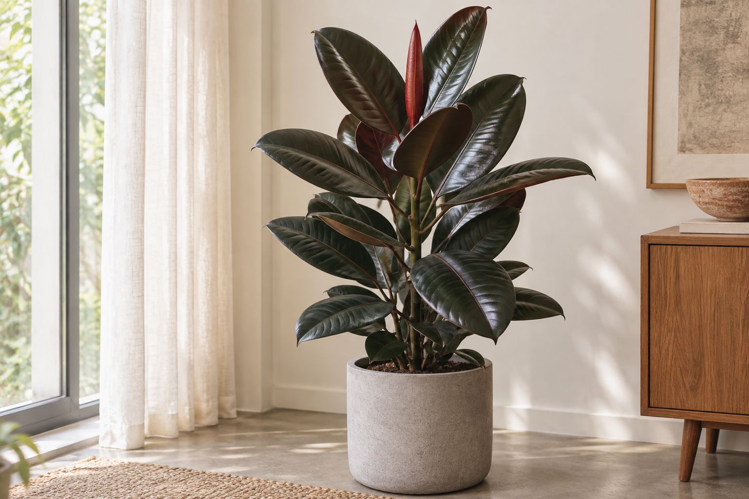 Rubber plant with large dark glossy leaves in a concrete pot against a wall