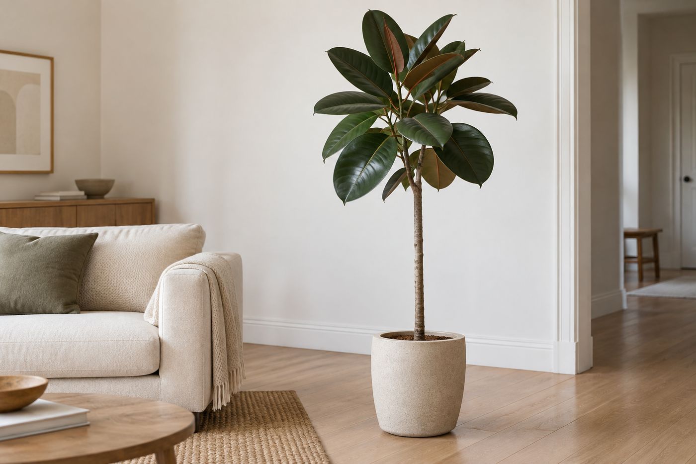 Rubber plant with a long bare trunk and leaves only at the top