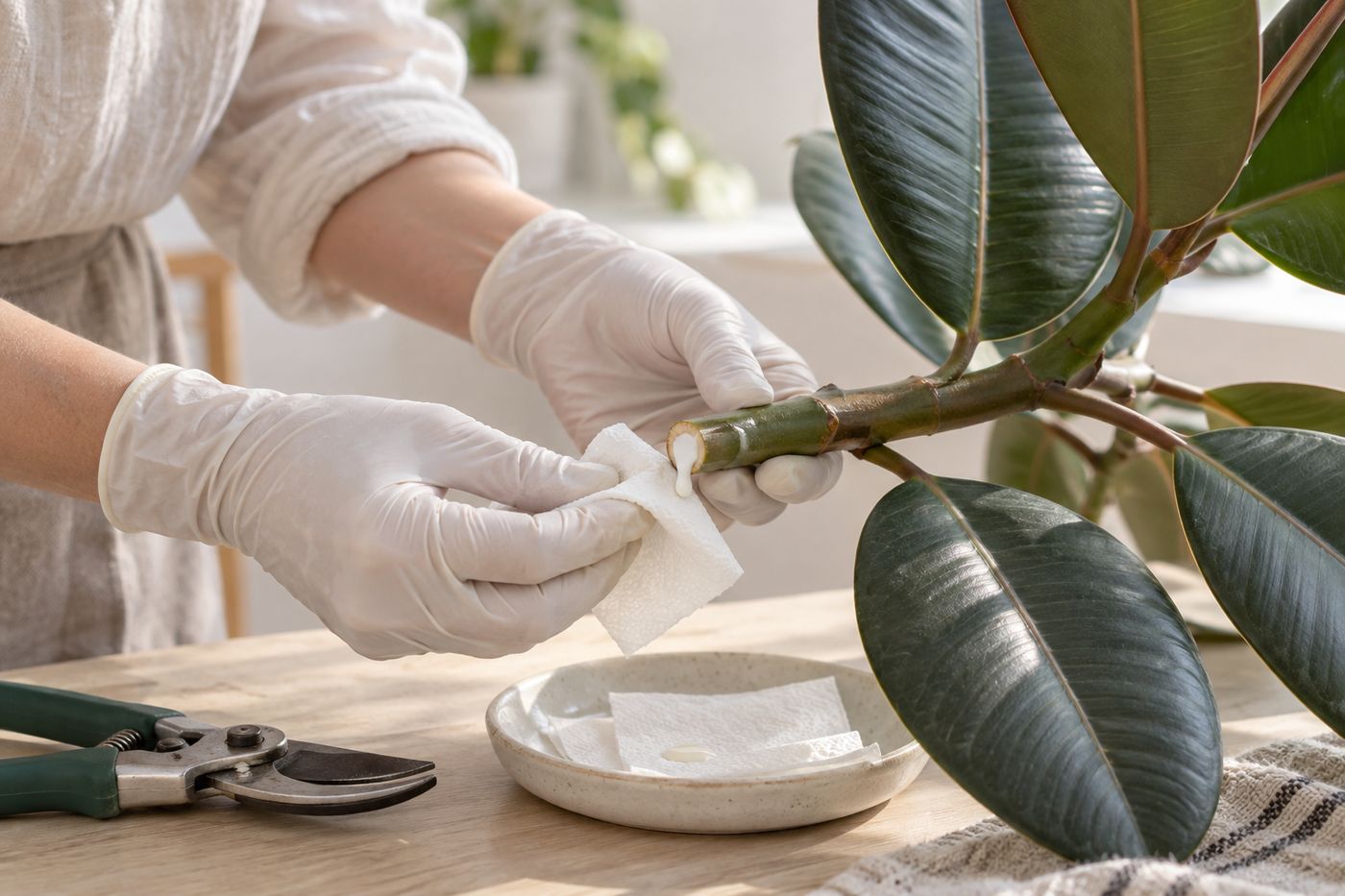 Cut top of a rubber plant, the milky sap being blotted with a tissue