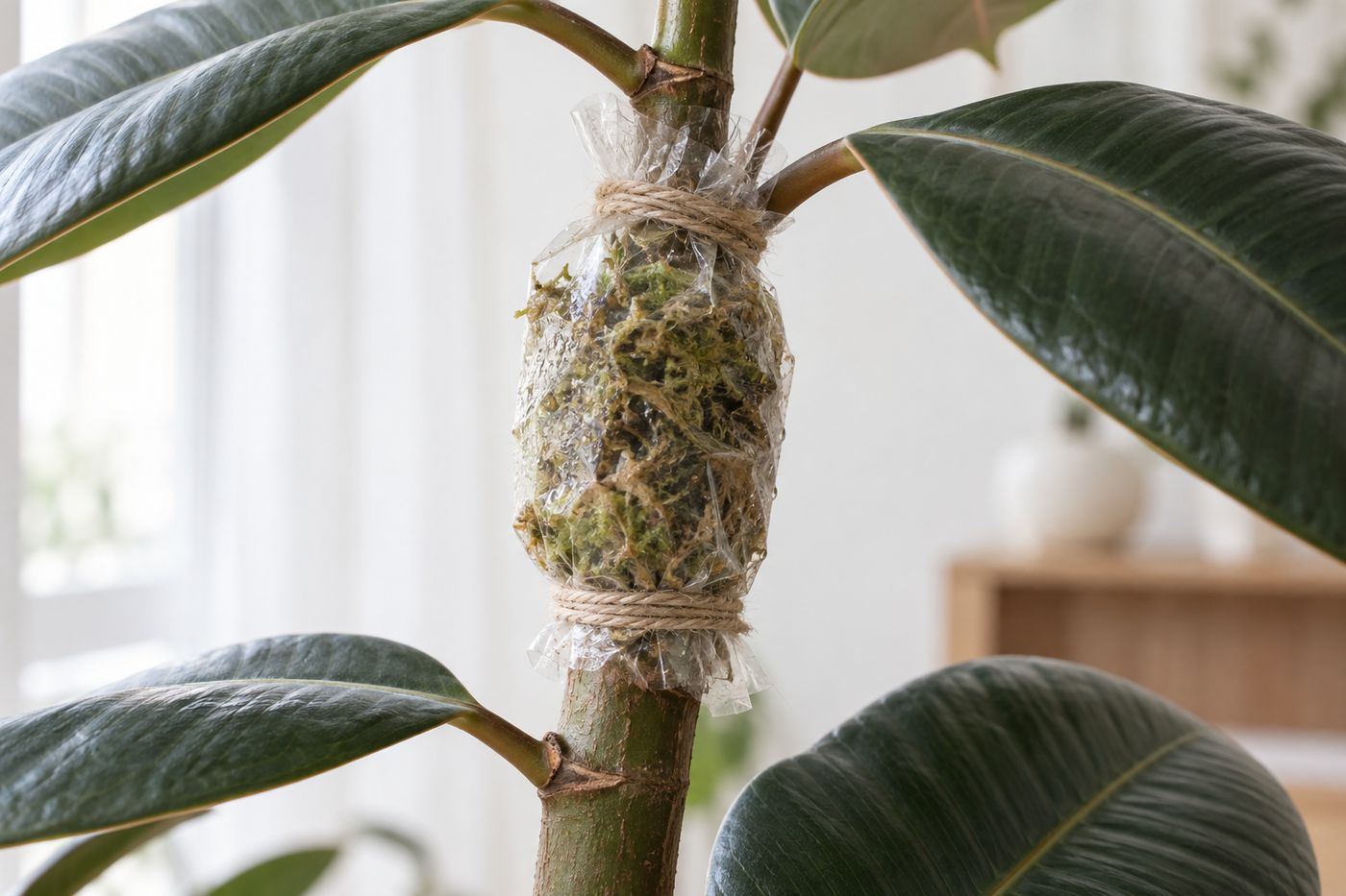 Air layer on a rubber plant stem: the wound wrapped in moss and plastic