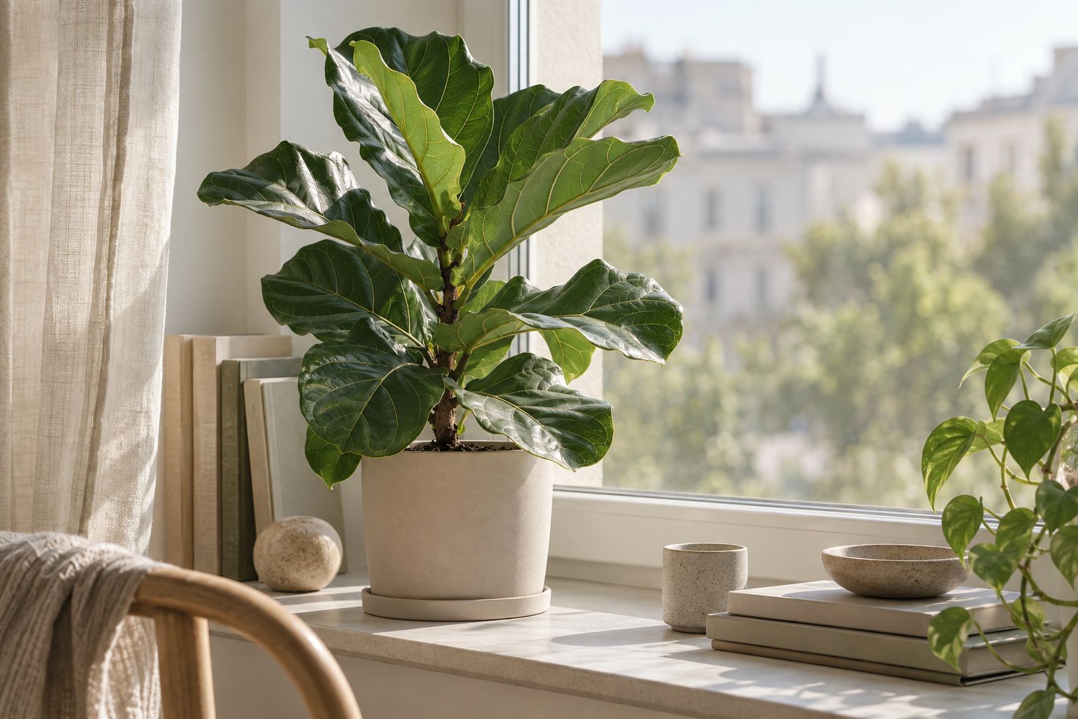 Fiddle leaf fig with large violin-shaped leaves in a terracotta pot by a window