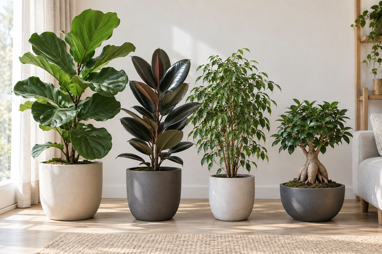Several different ficus trees in pots against a light wall: fiddle leaf, rubber plant, weeping fig and ginseng ficus