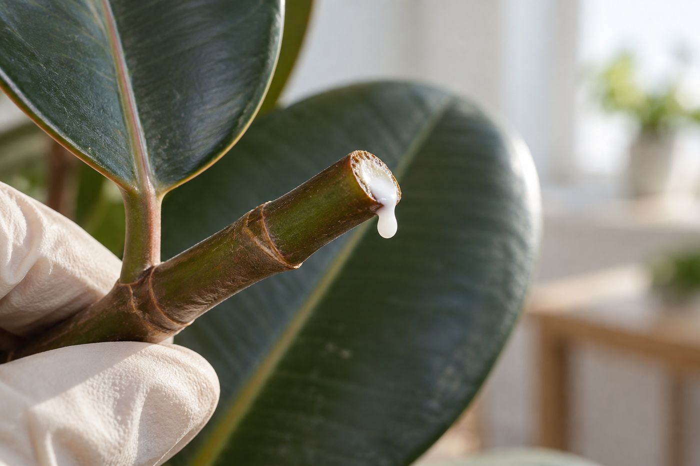 Drop of white milky sap on a cut ficus leaf stem