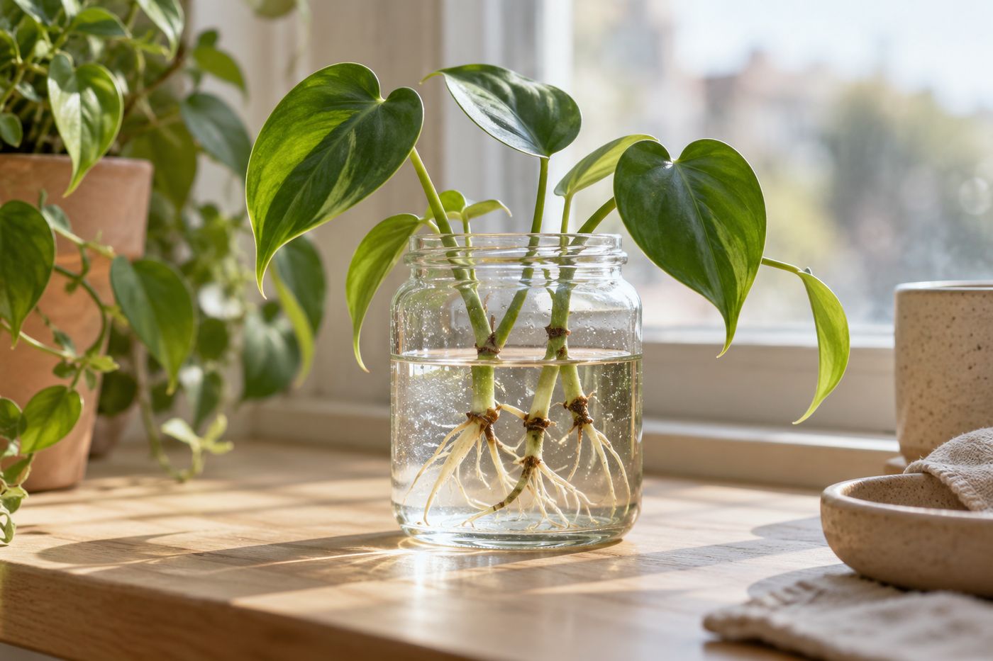 Philodendron cuttings with nodes and white roots in a glass jar of water