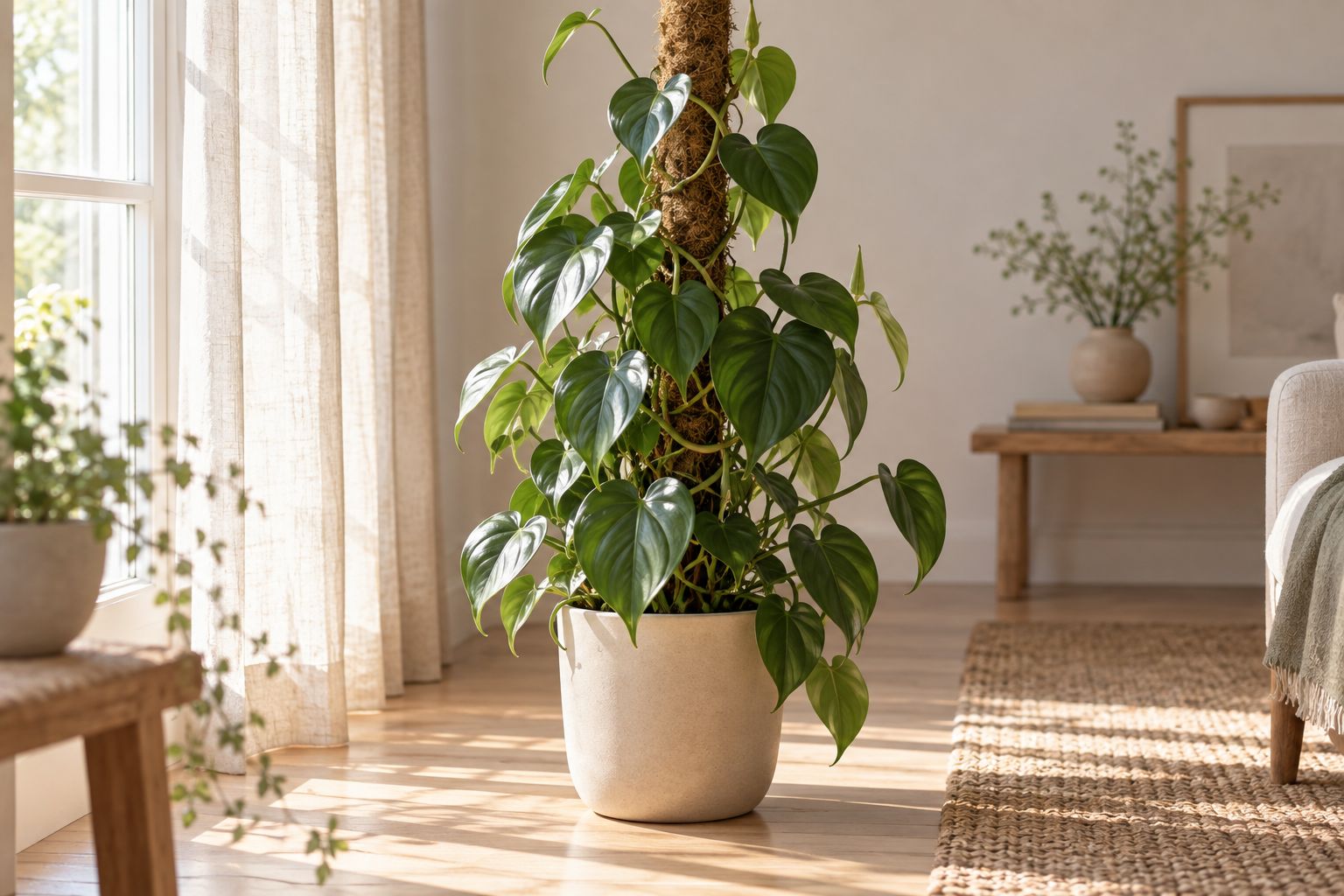 Heartleaf philodendron with glossy heart-shaped leaves climbing a moss pole in a ceramic pot