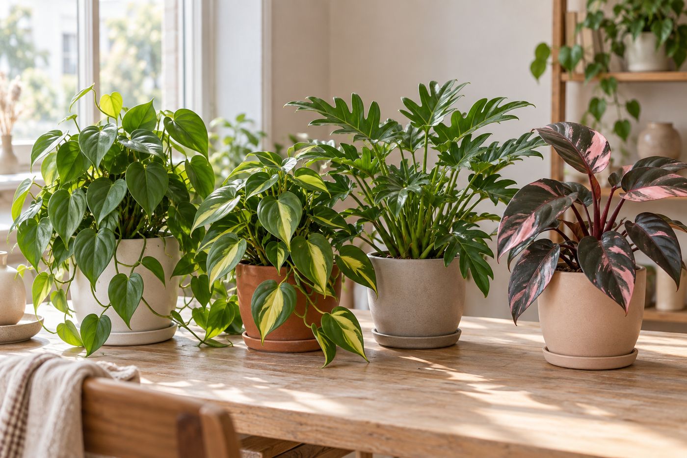 Four philodendrons side by side: heartleaf, Brasil, Xanadu and Pink Princess