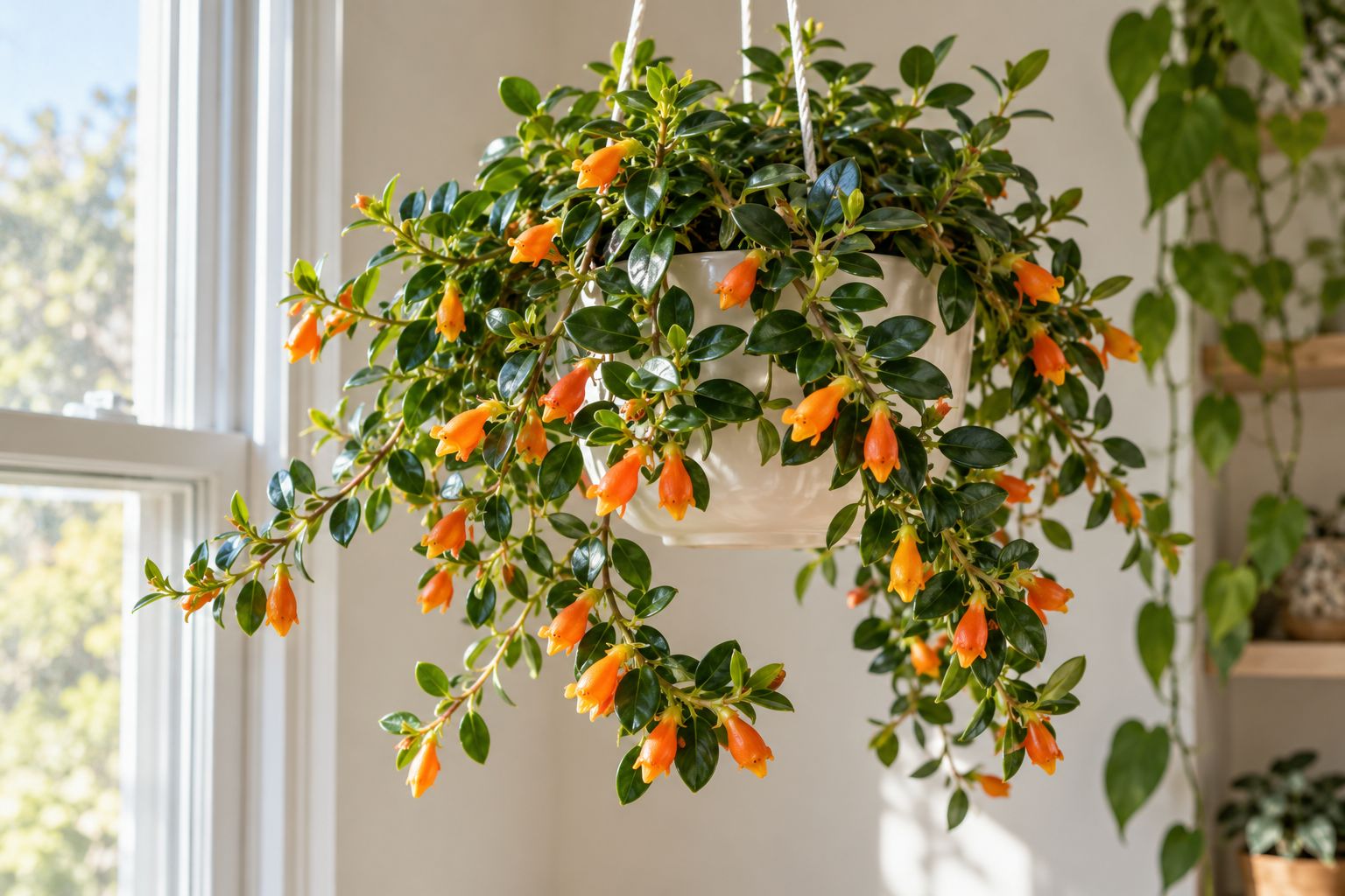 Goldfish plant with glossy dark green leaves and orange pouch-shaped flowers in a hanging pot by a window