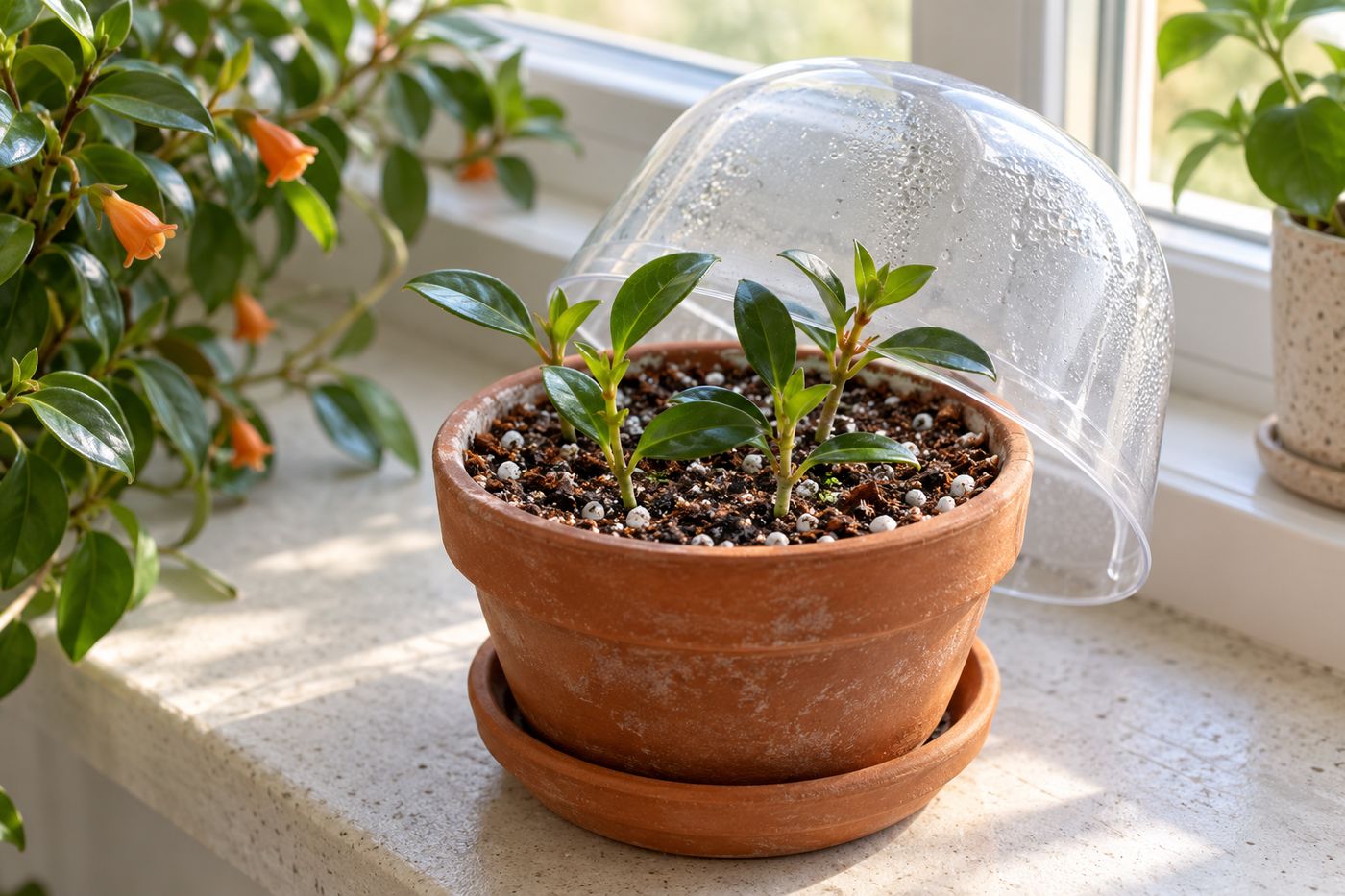 Goldfish plant stem cuttings in a small pot of moist mix under a clear dome