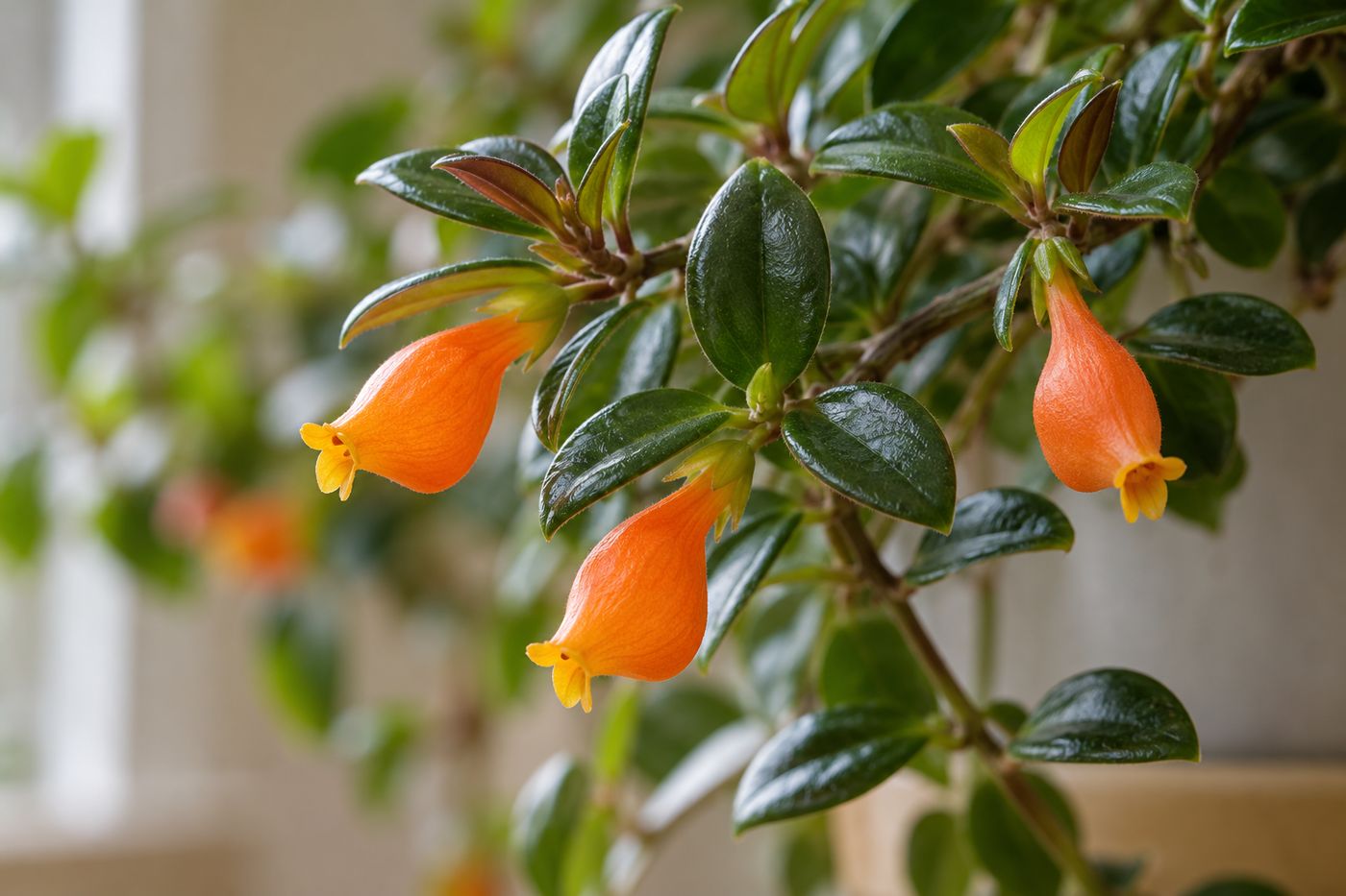 Close-up of orange pouched goldfish plant flowers among glossy leaves