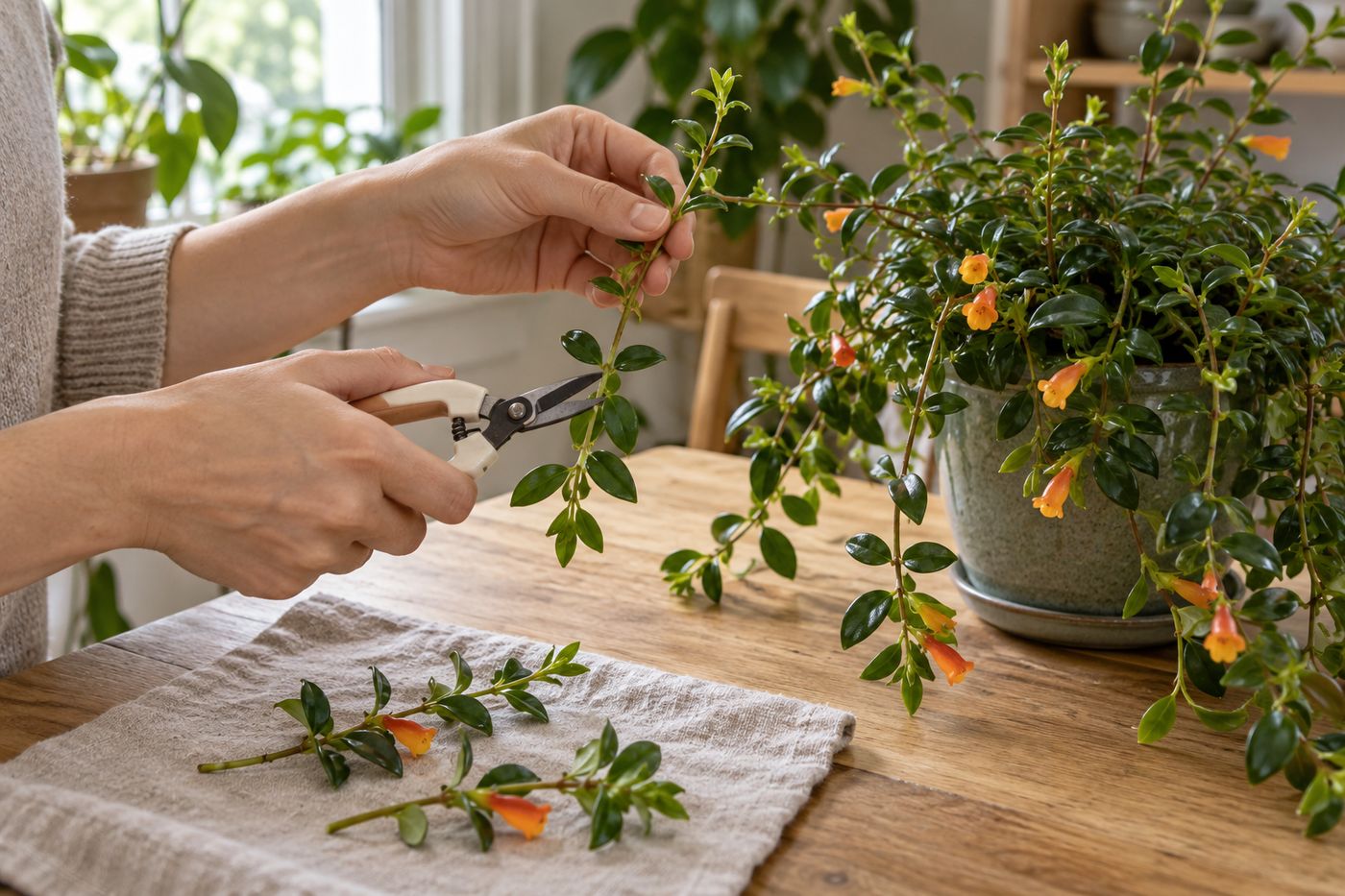 Hands trimming a leggy goldfish plant stem above a leaf pair