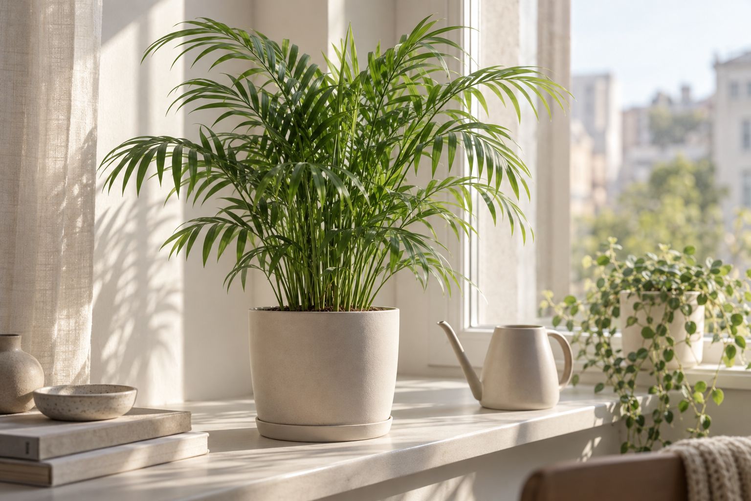 Parlor palm with thin canes and feathery fronds in a woven basket against a wall